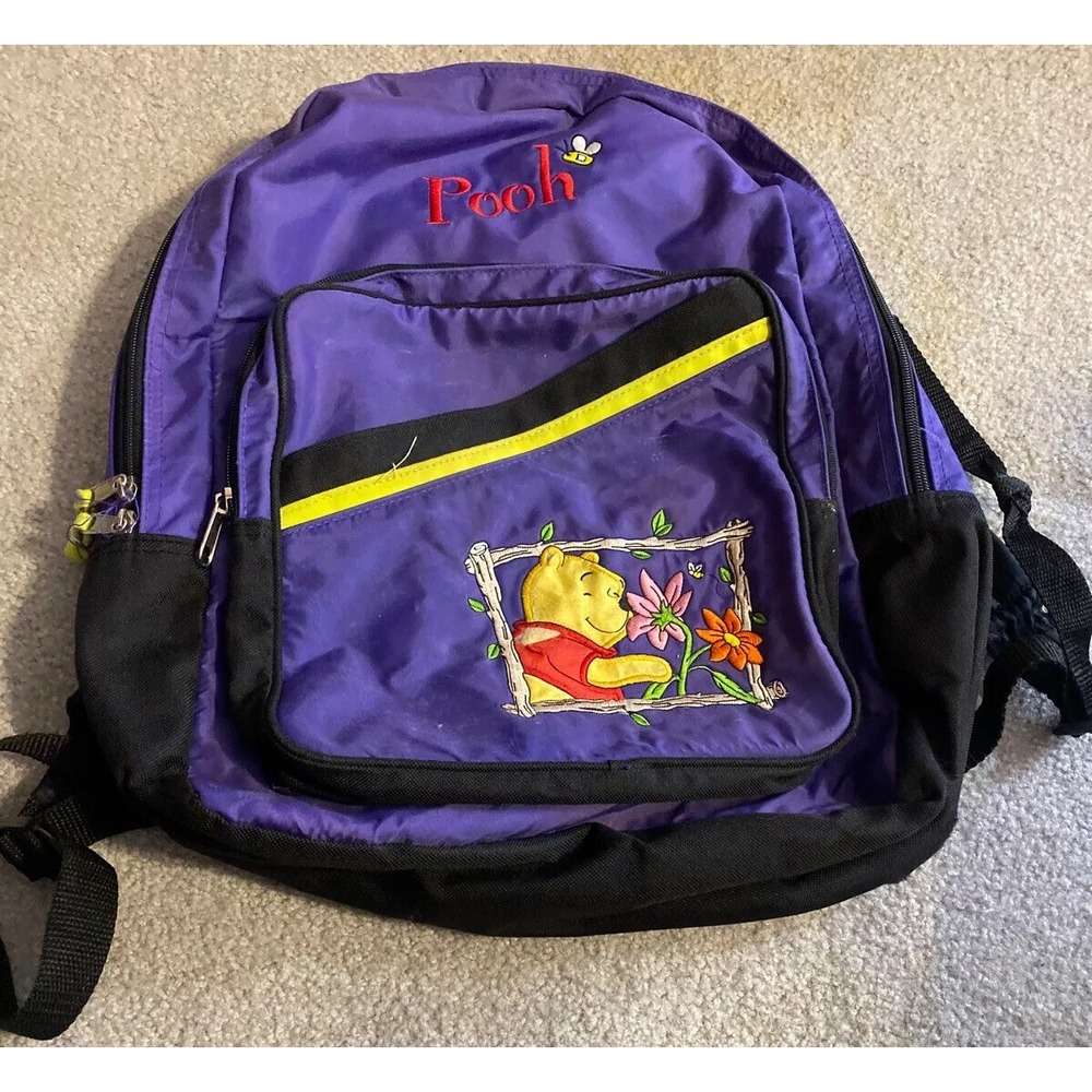 Disney Winnie The Pooh Vintage Backpack Purple Floral Book Bag Black Trim Large